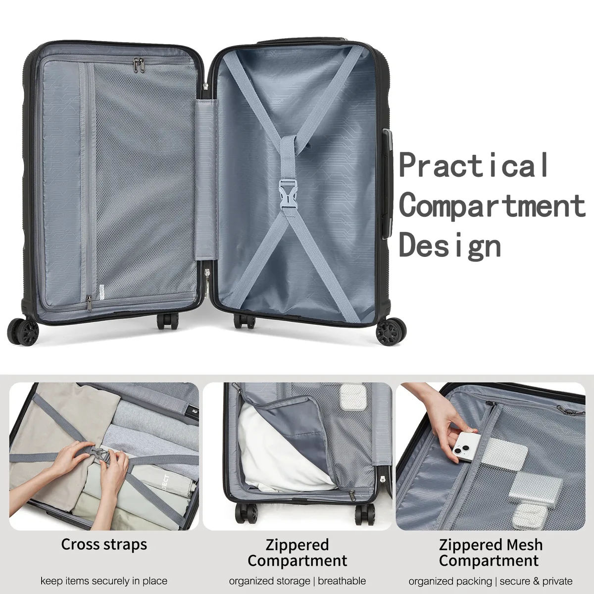ensemble de bagages kono en polypropylène rigide 3 pièces, valises cabine et bagages à roulettes 55/65/75 cm avec 4 roues pivotantes à 360° ° roues pivotantes et serrure à combinaison tsa, couleurs turquoise/noir