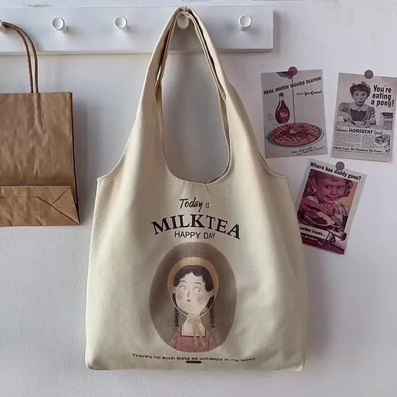 sac fourre-tout en toile réutilisable pour femmes et filles, sac à provisions décontracté pour dames, sac à soupe initié au gril en coton, mignon, plage, voyage
