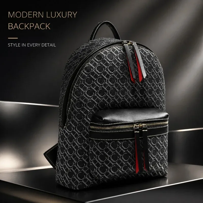 sac dos motif monogrammé fond noir poignées fermeture glissière intérieur rouge polyester voyage grande capacité unisexe