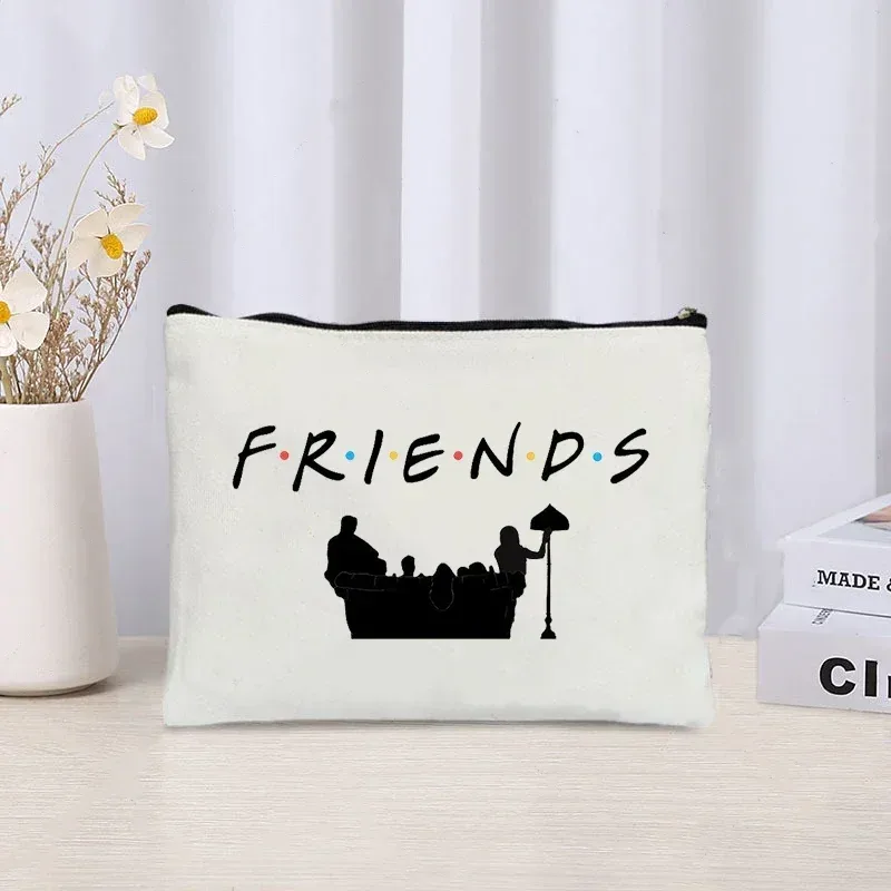 trousse de maquillage pour femmes, émission de télévision friends, organisateur de cosmétiques de voyage, sac à main kawoii, pochette de maquillage en toile écologique, trousse à crayons