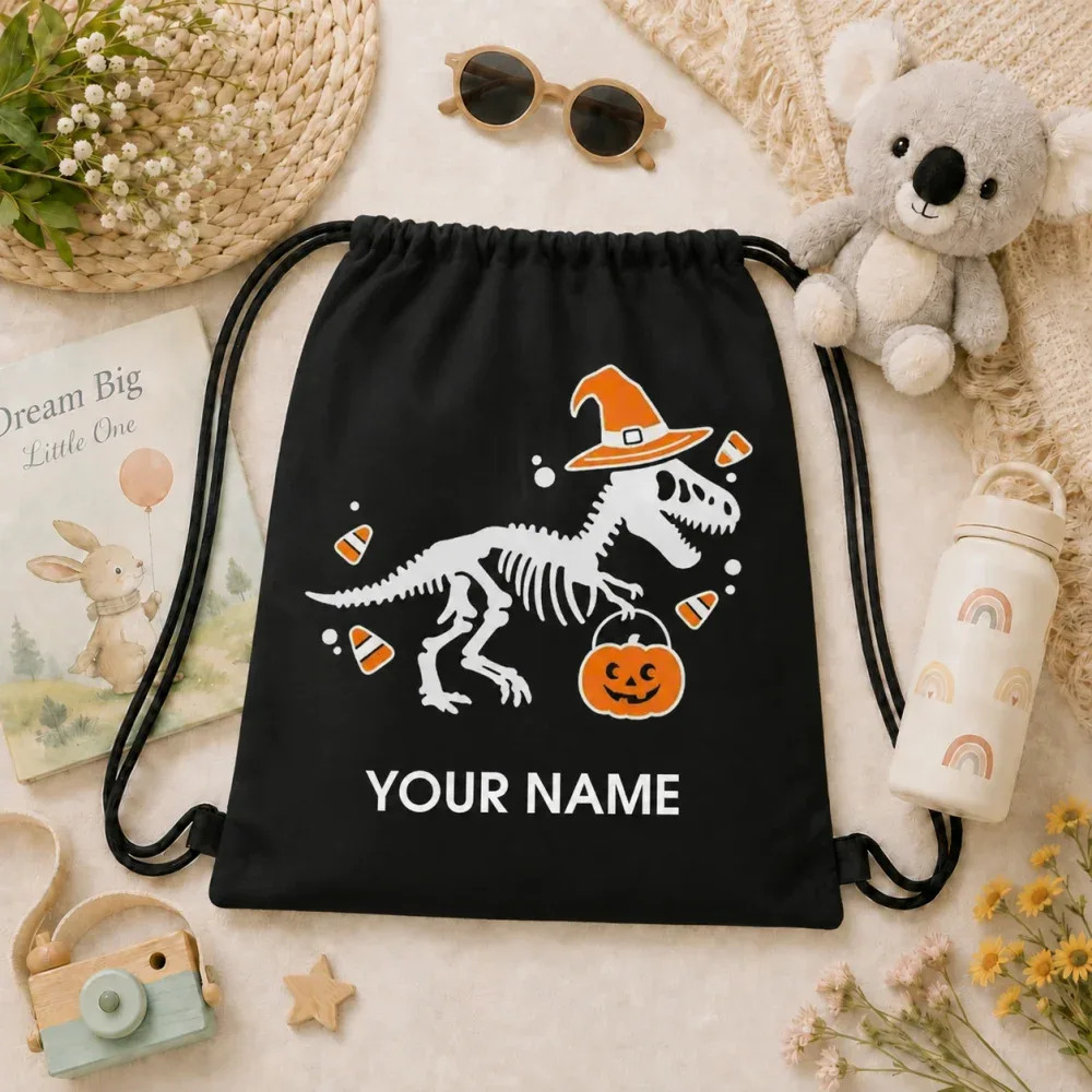 sac à dos personnalisé avec cordon de serrage, motif squelette de dinosaure, chapeau de sorcière citrouille d'halloween, pour enfants, 34x41cm