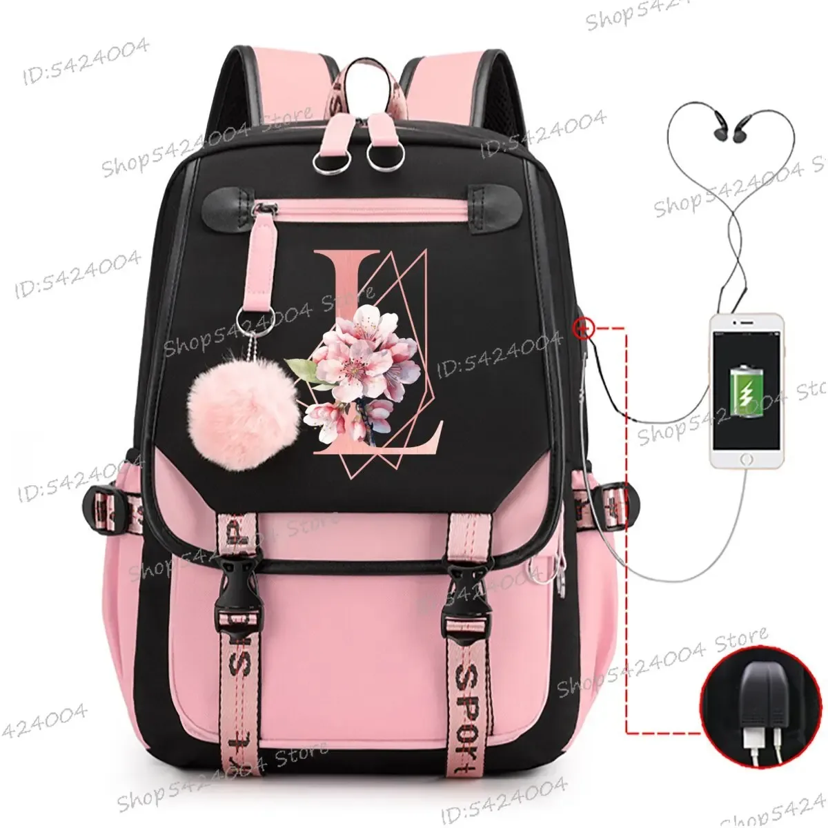 sac dos nylon unisexe rose noir lettre initiale motifs floral personnages voyage adolescents toile interne ordinateur poche fentes compartiments