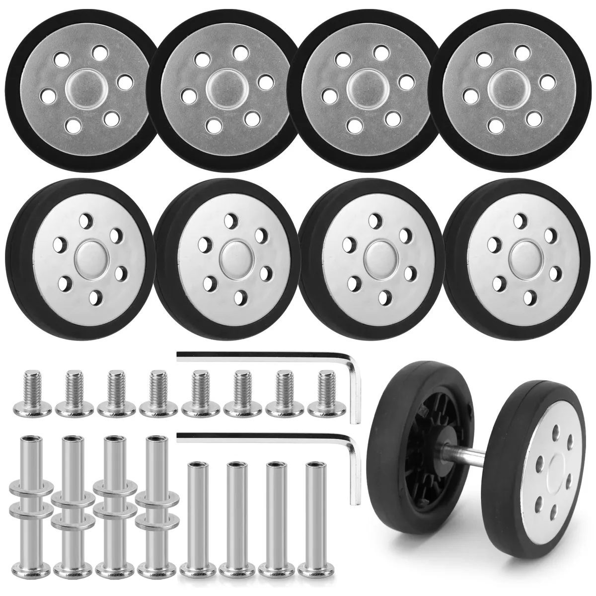 8 roues de rechange argentées pour valise avec vis, roulettes de remplacement résistantes à l'usure pour chariot, pièces de roulement de 60 mm