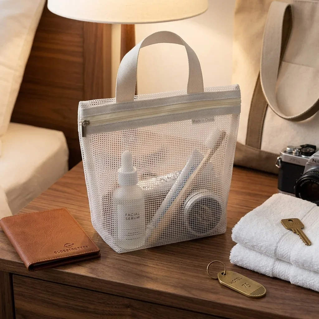 sac de douche portable en maille, sac de rangement ajouré avec fermeture éclair pour lingettes de bain, idéal pour les voyages et la natation