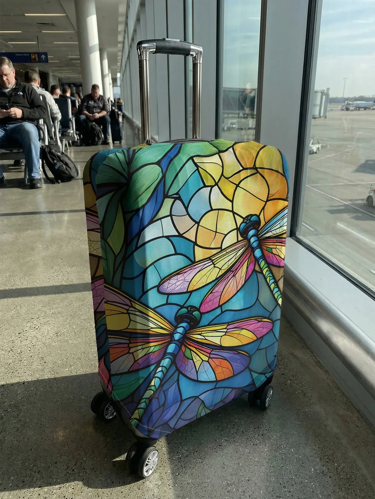 Housse de bagage motif libellule style vitrail, convient aux bagages de 18 à 32 pouces, protège-poignée de bagage, accessoires de voyage