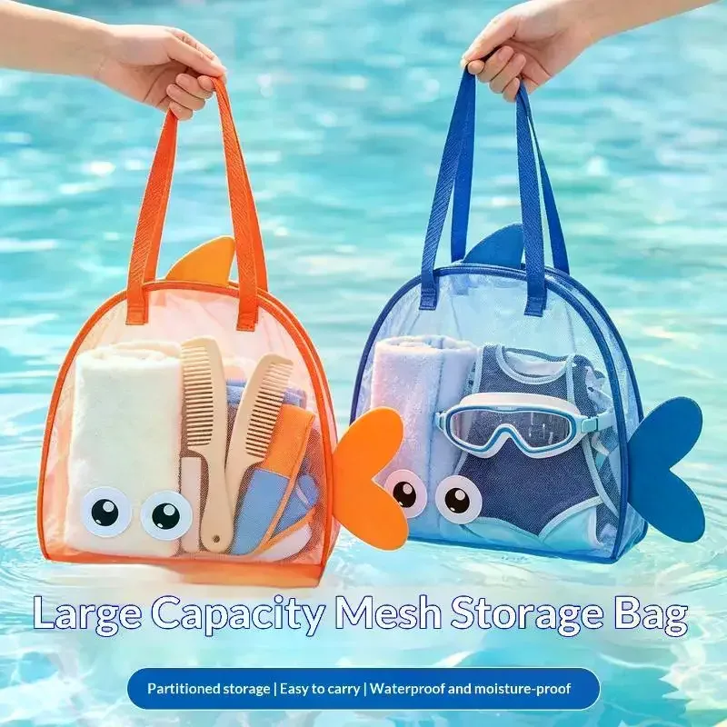 sac de rangement de grande capacité à motif de dessin animé, pliable, respirant, en maille, pochette organisatrice pour jouets de pêche à la sable, pour voyage et sports de plein air