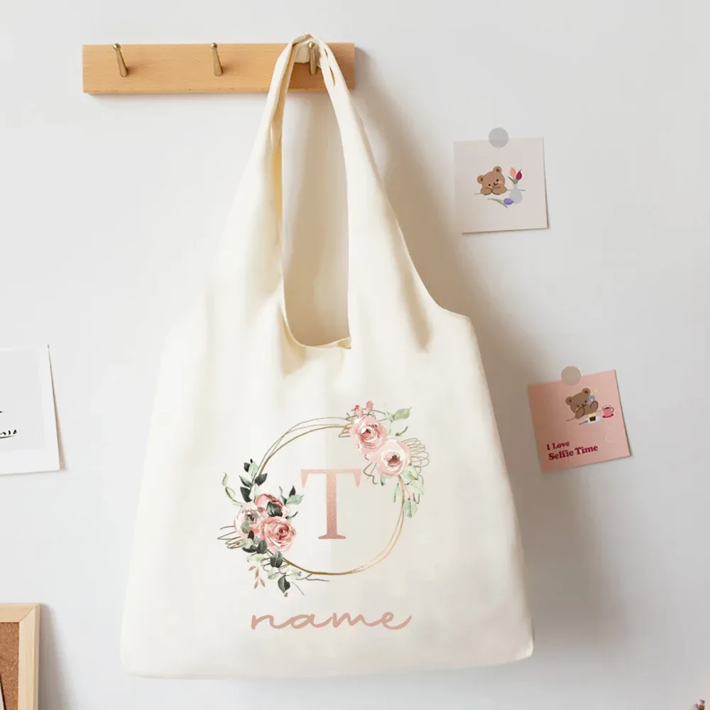 sac fourre-tout imprimé alphabet floral avec nom personnalisé, sacs à main portables en toile de grande capacité, meilleurs cadeaux d'anniversaire de noël