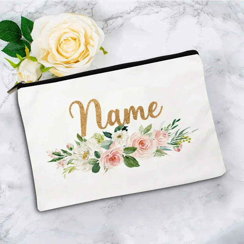trousse toilette toile blanc motif fleurs vert fermeture éclair pliable extensible décontracté femme voyage cosmétiques