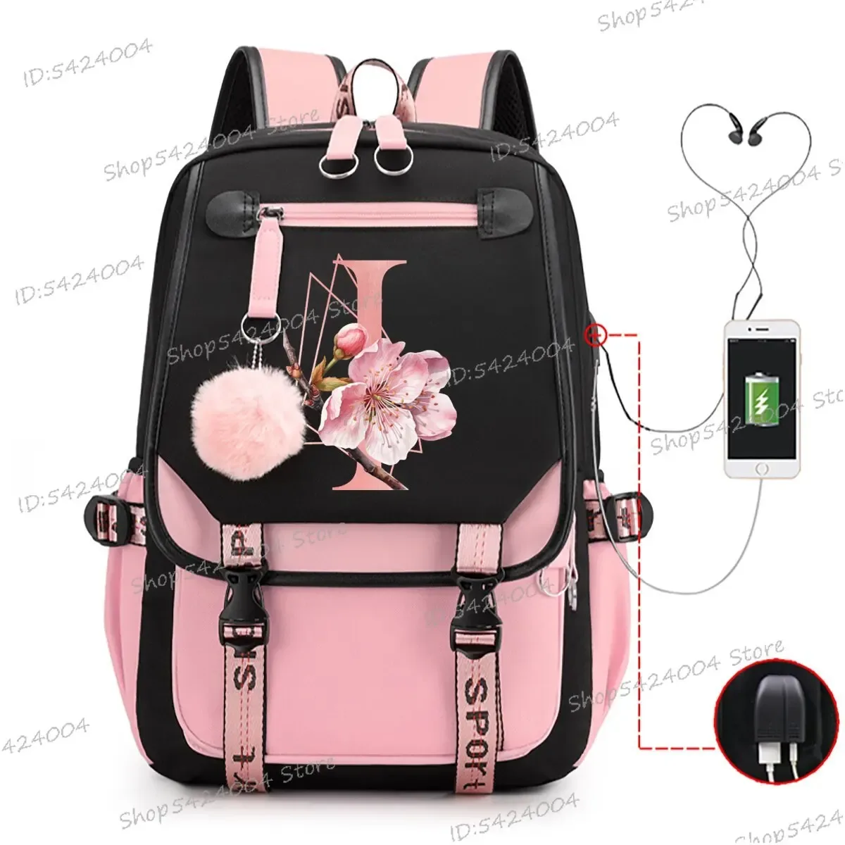 sac dos nylon unisexe rose noir lettre initiale motifs floral personnages voyage adolescents toile interne ordinateur poche fentes compartiments