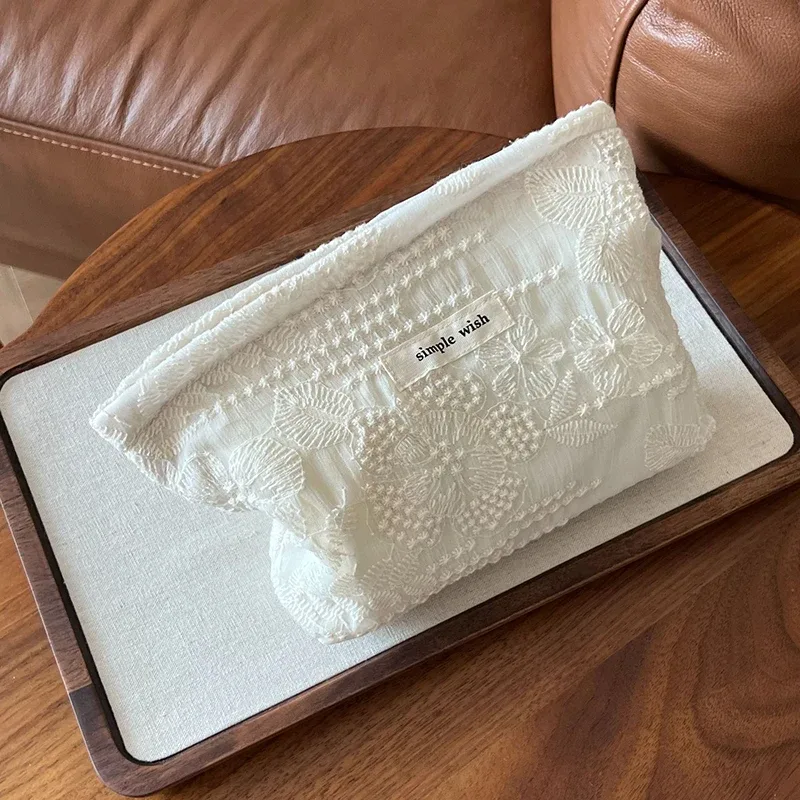 élégante trousse de maquillage blanche en dentelle avec fermeture éclair, pochette cosmétique multifonction pour rouge à lèvres, écouteurs, rangement de voyage