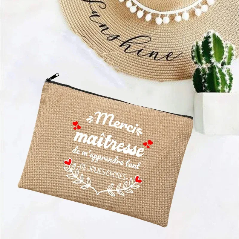 cadeau maitresse école cadeau maitresse trousse de maquillage sacs de maquillage en lin merci professeur impression française simple bracelet pochette plage papeterie stockage voyage organisateur étui cadeaux