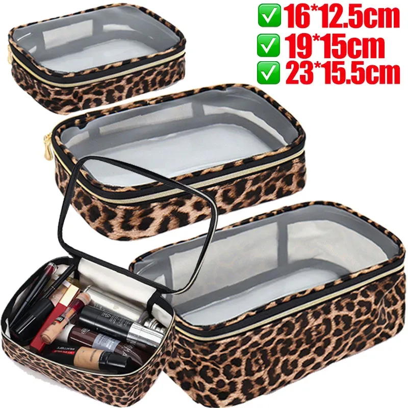 trousse toilette nylon motif léopard transparent voyage grande capacité organisateur cosmétiques maquillage sac accessoires