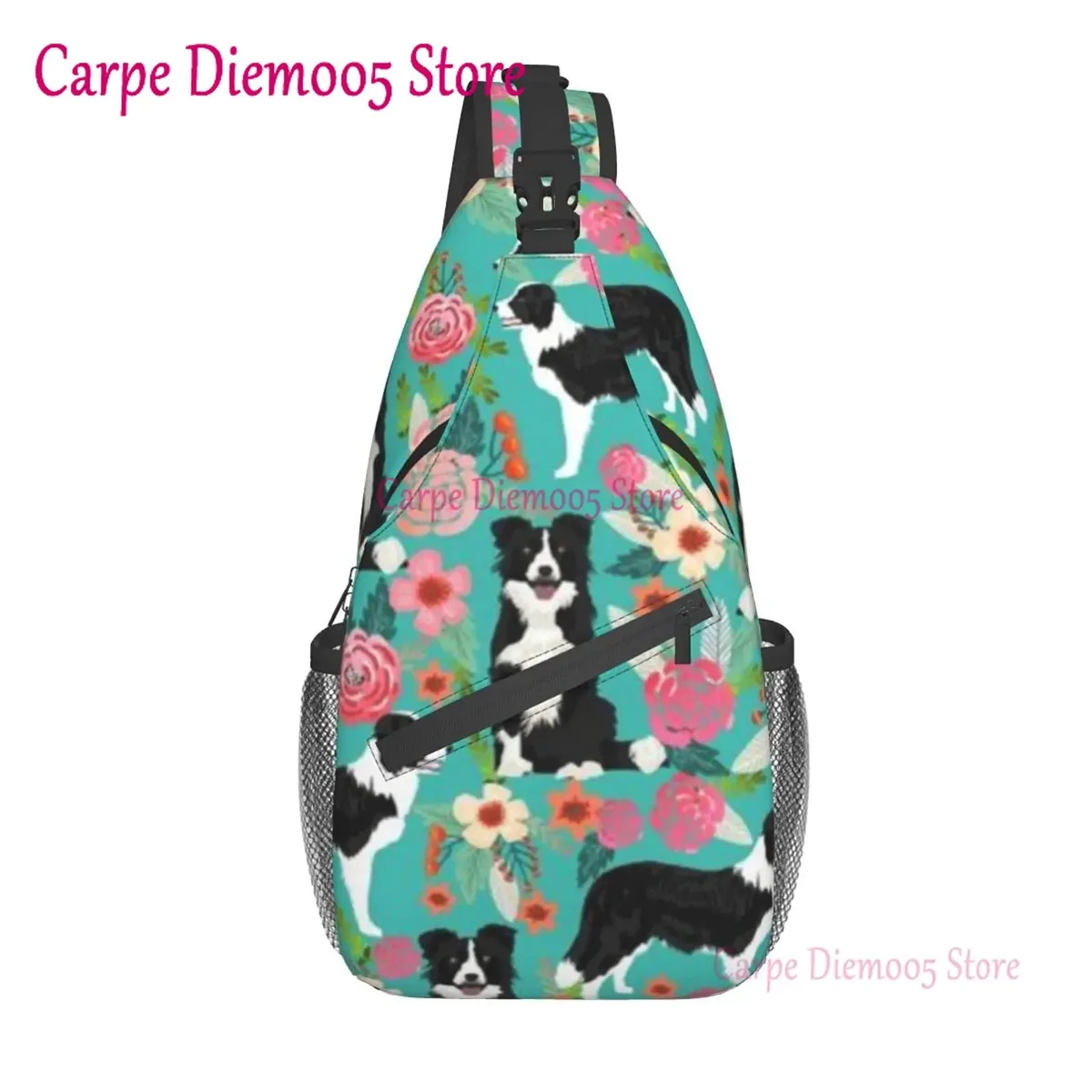 sac dos polyester motif chien floral petit format bandoulière poches extérieures voyage jour randonnée