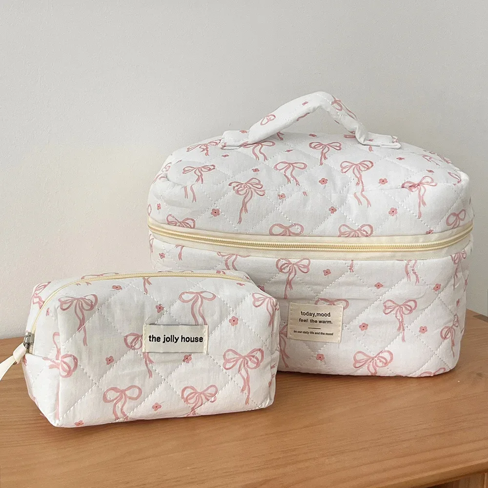 sac de maquillage matelassé avec nœud papillon pour femmes, fourre-tout portable, pochette de rangement de cosmétiques et de toilette, sac à main à fleurs avec fermeture éclair, vente en gros