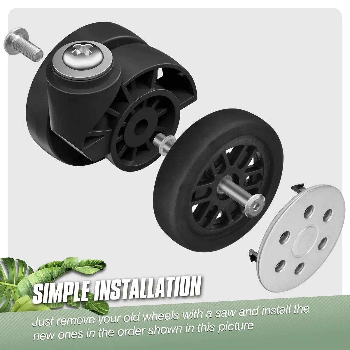 8 roues de rechange argentées pour valise avec vis, roulettes de remplacement résistantes à l'usure pour chariot, pièces de roulement de 60 mm