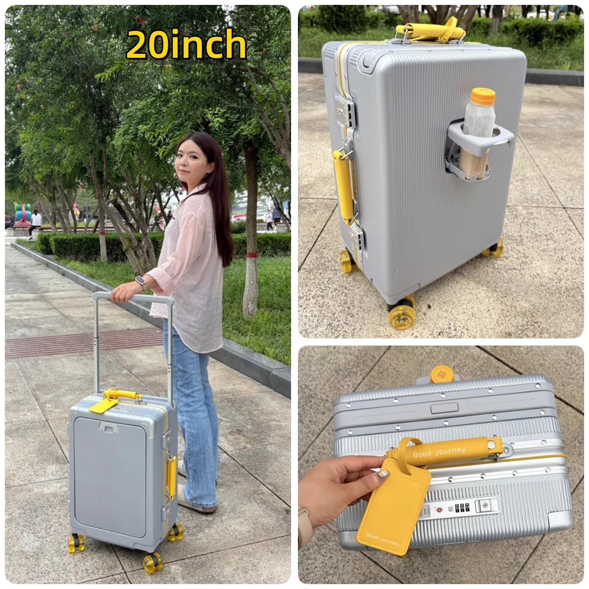 valise à roulettes de poche à ouverture avant, cadre en aluminium, valise à roulettes à poignée large avec roues silencieuses colorées et prise de chargement usb