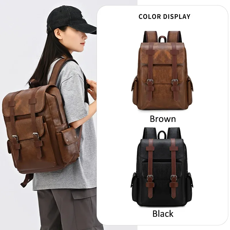 sac à dos rétro à rabat avec boucle, grande capacité, pour étudiants, affaires, ordinateur portable, couple, campus, voyage
