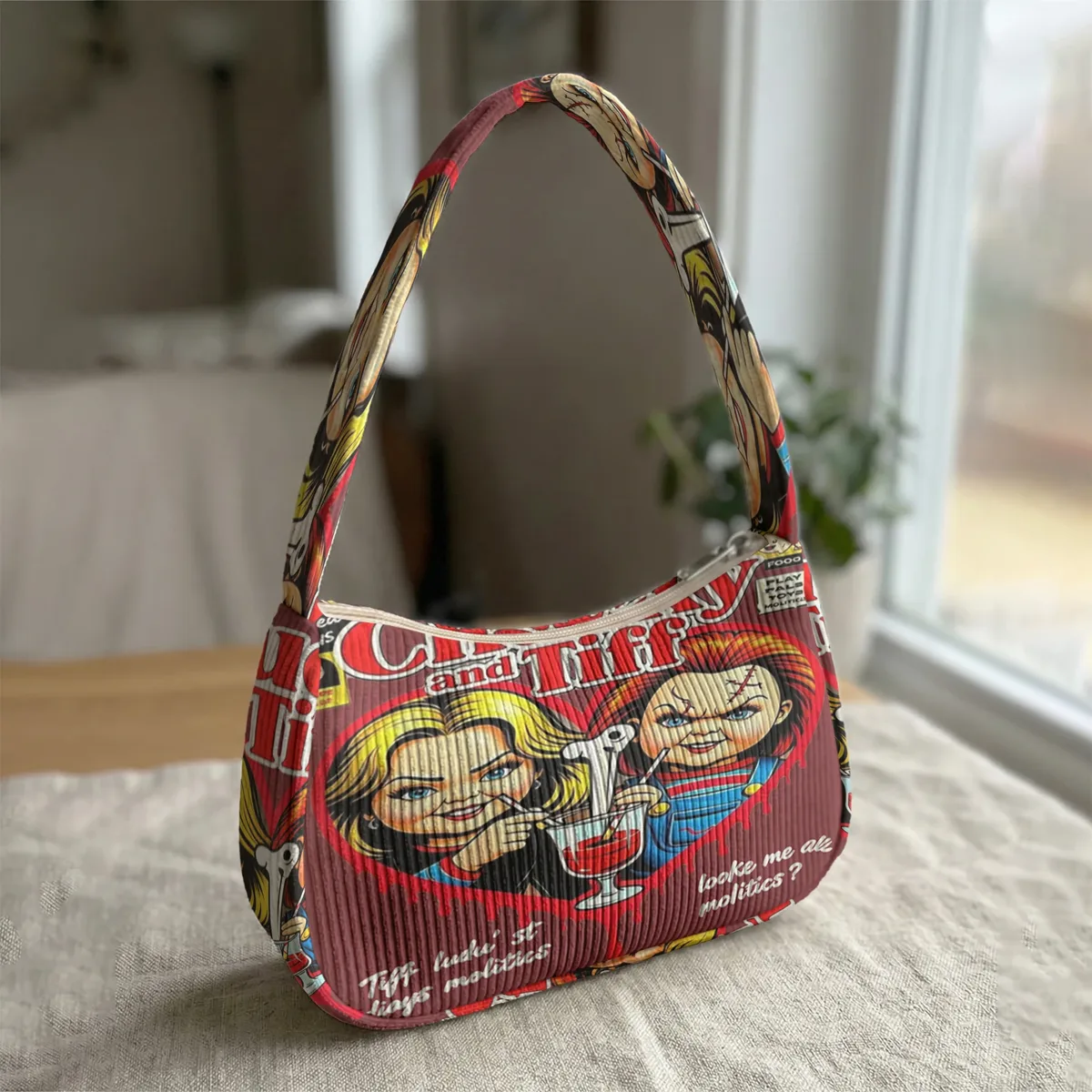 sac à bandoulière tendance imprimé chucky & tiffany, sac sous le bras en velours côtelé pour un usage quotidien décontracté