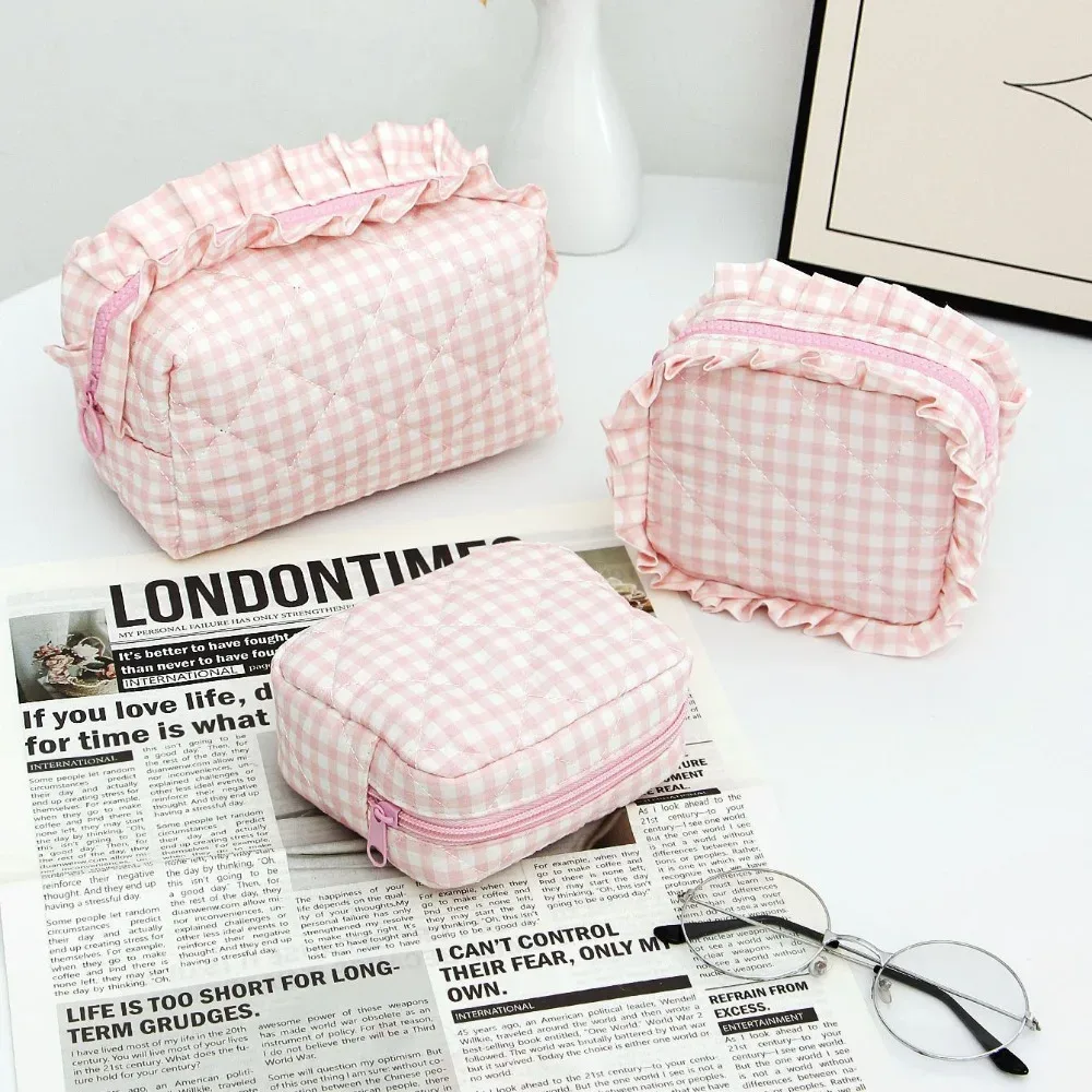 sac de maquillage portable, design matelassé, motif à carreaux, sac de rangement pour pinceaux de maquillage avec fermeture éclair, sac de toilette multifonctionnel pour les voyages