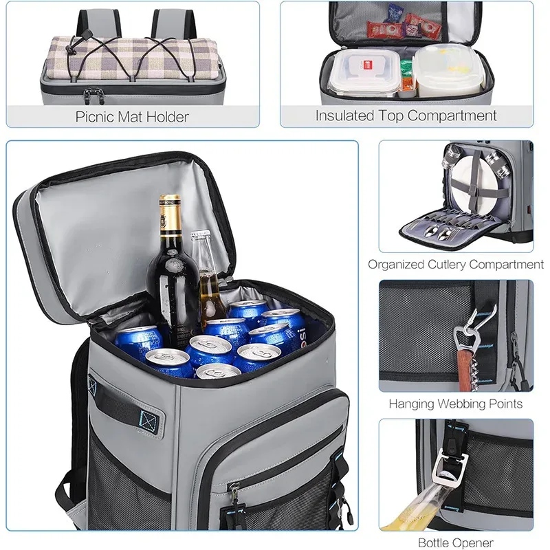 sac à dos isotherme 30l, imperméable, grande capacité, pour camping, pêche, pique-nique, garde les aliments au frais