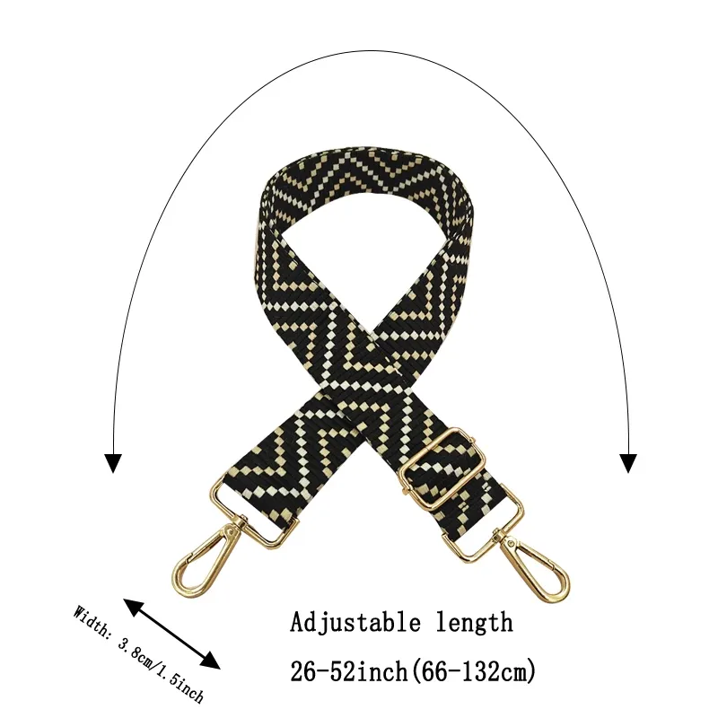 ceinture sac motif géométrique noir blanc beige diagonale zigzag boucles dorées tissu épais résistant voyage accessoire remplacement stylish