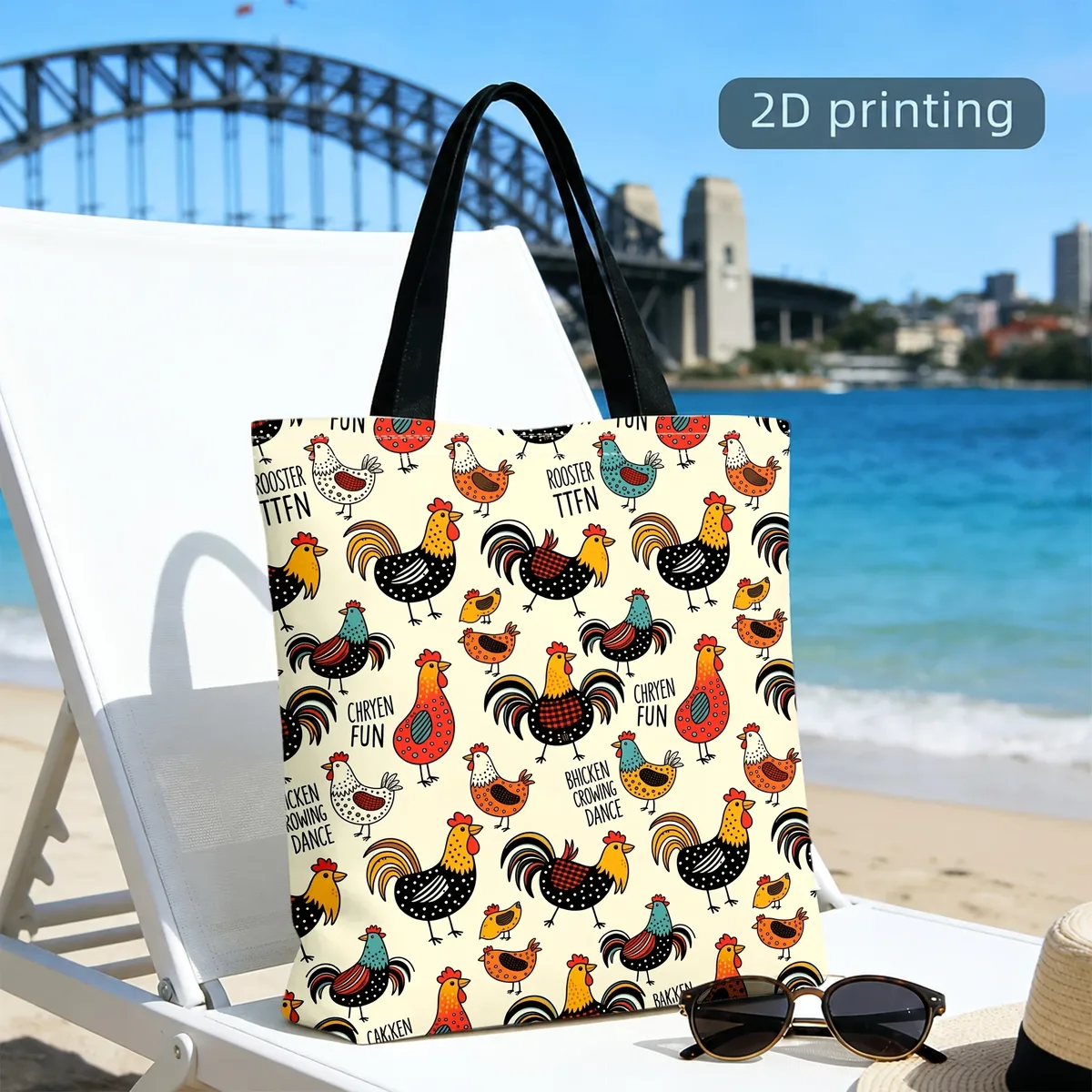 sac fourre-tout en toile esthétique avec motif d'animaux de la ferme, coq, poule et poussin colorés imprimés sur toute la surface, sac à main réutilisable pour femmes.