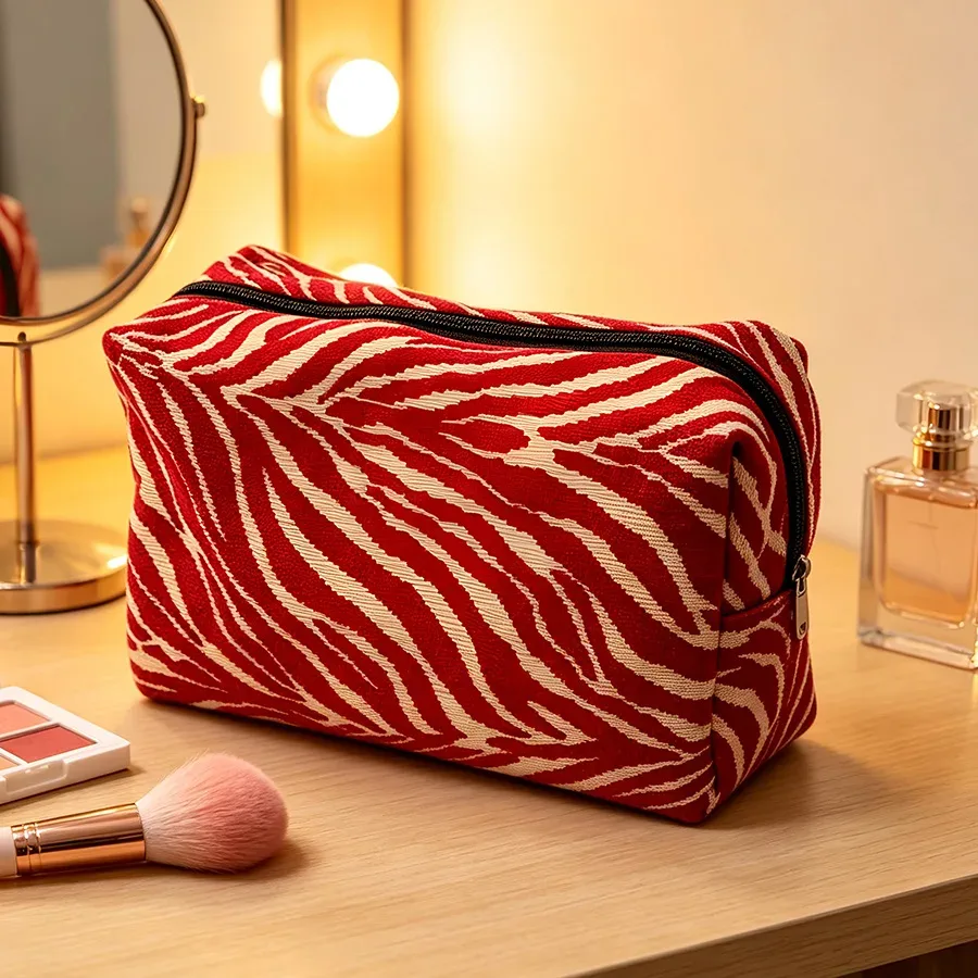 pochette cosmétique en forme de toast, motif zèbre, en chenille, grande capacité, pochette de rangement portable pour voyage, sac à maquillage esthétique