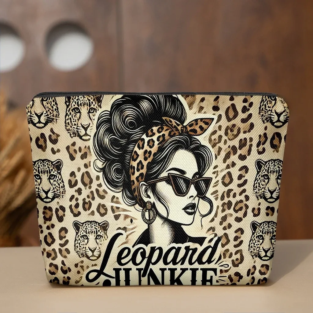 1 sac de maquillage élégant avec un bandeau léopard pour femme, sac fourre-tout léger avec fermeture éclair, pochette de rangement pour cosmétiques, trousse de beauté