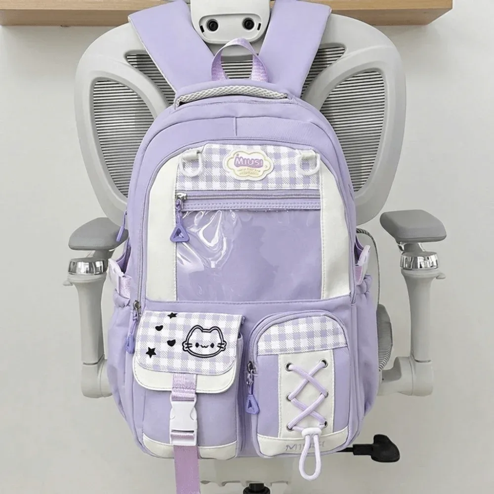 sac à dos scolaire de style preppy à plusieurs compartiments, grande capacité, multi-poches, fermeture éclair, léger, motif à carreaux, sac à dos de jour à blocs de couleurs.