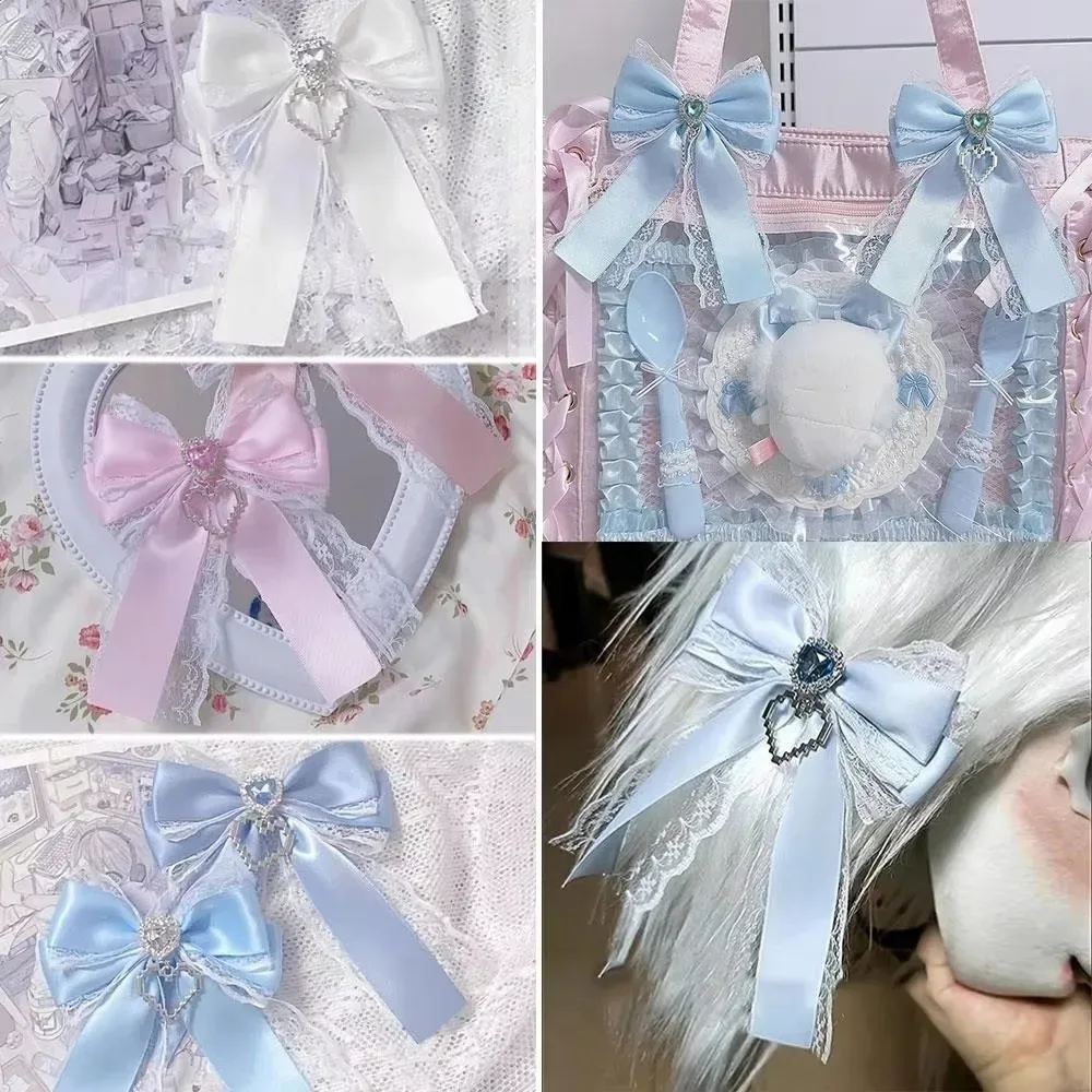 1/2PCS Kit de nœuds en ruban à faire soi-même, double couche, avec pendentif en forme de cœur brillant, style Lolita, pour sac à dos, avec clip en forme de cœur et diamant