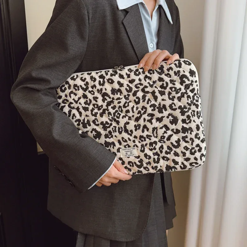 sac de rangement pour ordinateur portable en velours côtelé, décoration décontractée à imprimé léopard, 11/13/15 pouces, adapté aux déplacements quotidiens