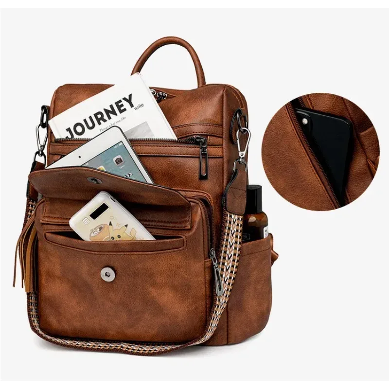 sac à dos en cuir pu pour femmes, imperméable, antivol, grand sac à dos de voyage rétro pour collège, sac à bandoulière avec pompon, 2025