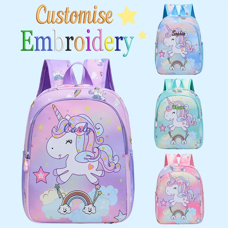 sac à dos décontracté à double bandoulière, élégant, avec imprimé licorne arc-en-ciel de dessin animé brodé personnalisé, disponible en 4 couleurs