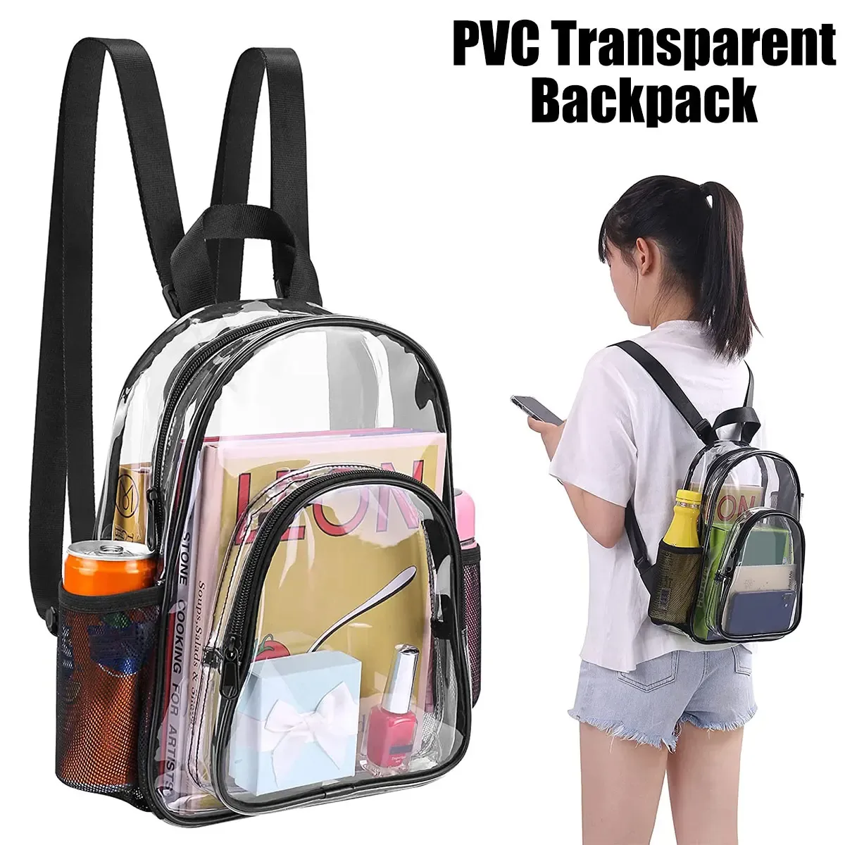 sac à dos transparent en pvc pour femmes et hommes, sac transparent de grande capacité, voyage, sécurité, sac à livres transparent