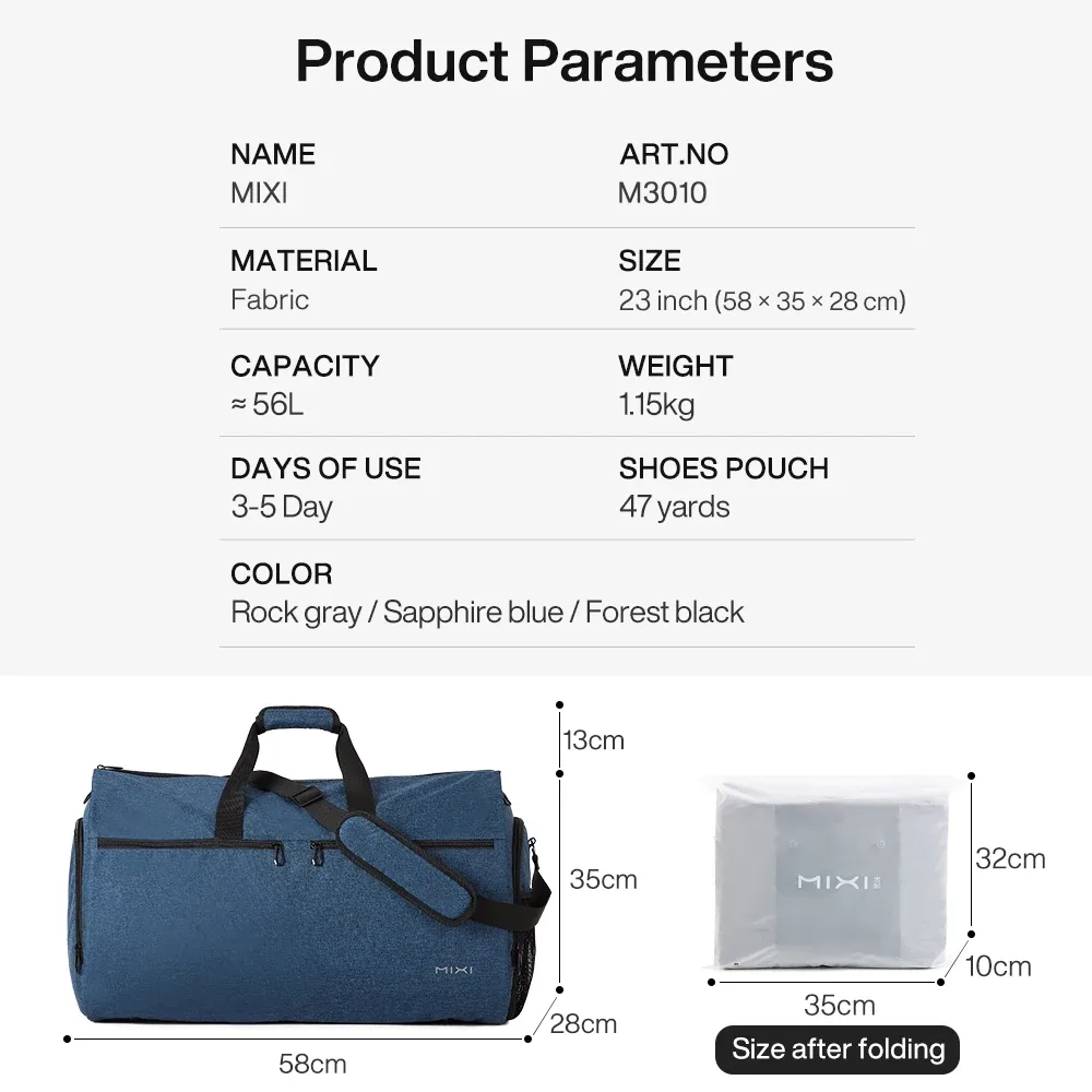 mixi sac à vêtements à main pour voyage 56l sac de sport convertible pour hommes femmes 2 en 1 bagage suspendu valise robe costume voyage