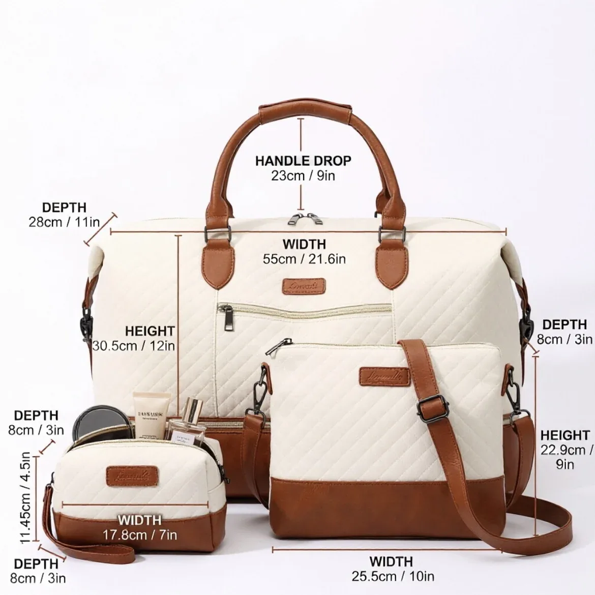 lot de 3 sacs de voyage grande capacité, sac à main tendance, sac à bandoulière avec sac à bandoulière croisé et trousse de toilette avec compartiment à chaussures, sac de voyage pour le week-end et les voyages d'affaires