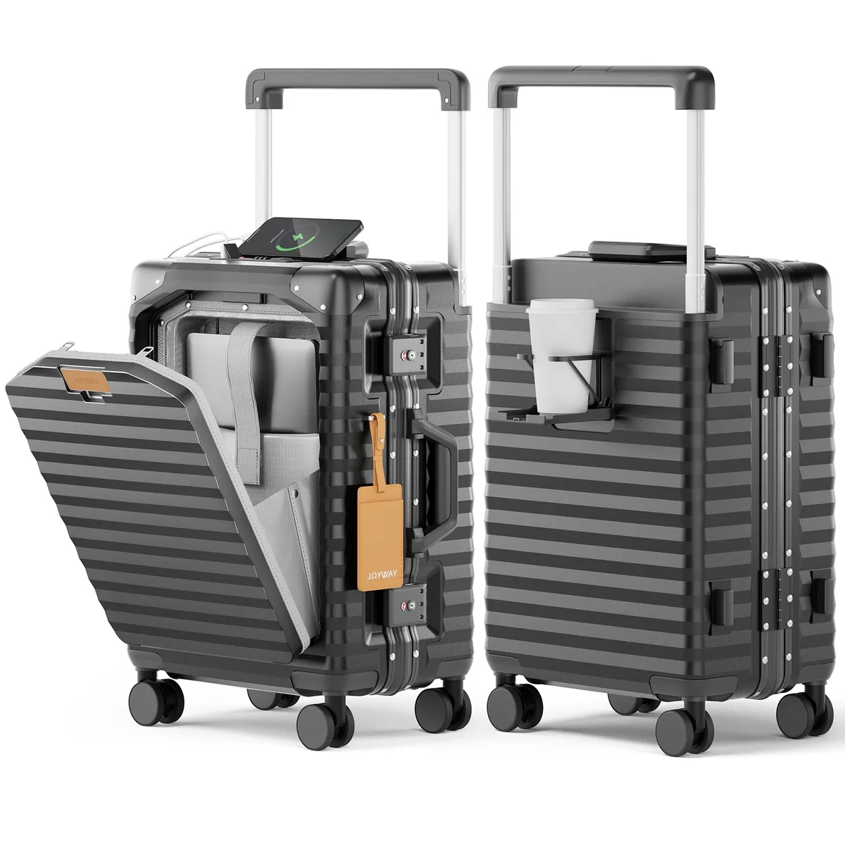 valise joyway 20 pouces en aluminium avec poche avant, port usb, porte-gobelet, serrure tsa et roulettes pivotantes