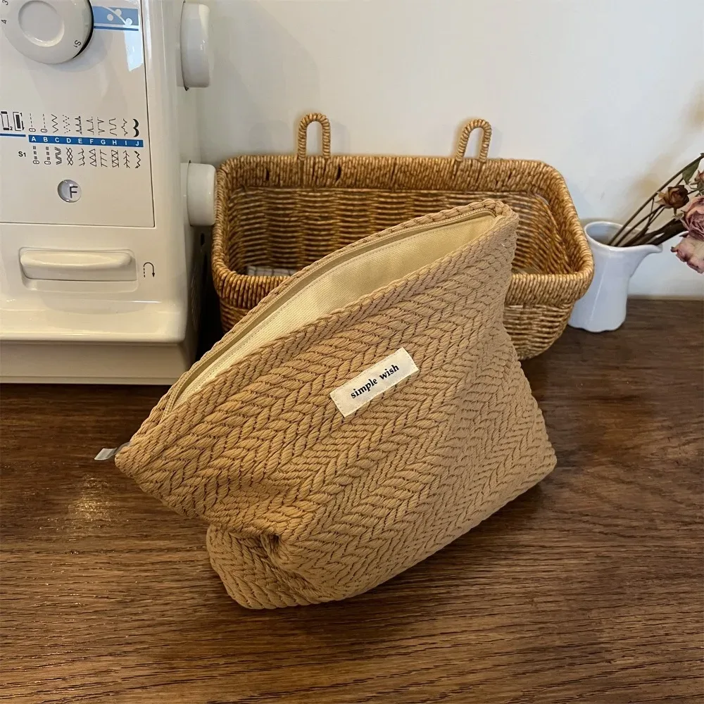 sac de maquillage portable de grande capacité, couleur unie, en tissu tissé, sac cosmétique beige, pochette couleur café, pour l'extérieur