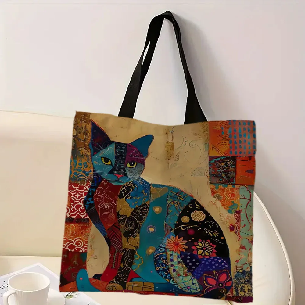 sac à main design floral chat, fourre-tout décoratif à motif rétro, sac à bandoulière à usage quotidien et décontracté, sac de courses pratique de grande capacité
