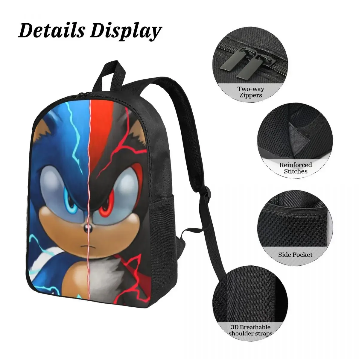 sac à dos sonic shadow pour garçons et filles, sac d'école, sac à bandoulière pour ordinateur portable, sac à déjeuner isotherme, trousse à crayons, 3 pièces