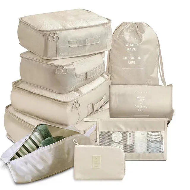organisateur voyage polyester beige clair tissu imperméable poches maille transparente fermetures glissière poignées intégrées grande taille
