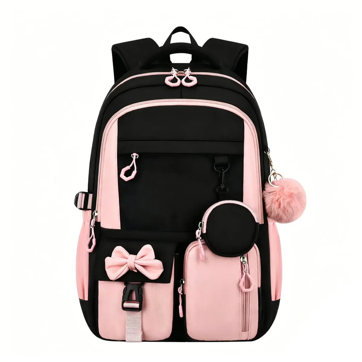 sac dos oxford polyester noir accents roses noeud papillon poche limon ceinture coussin air style préppy jacquard usage école voyage