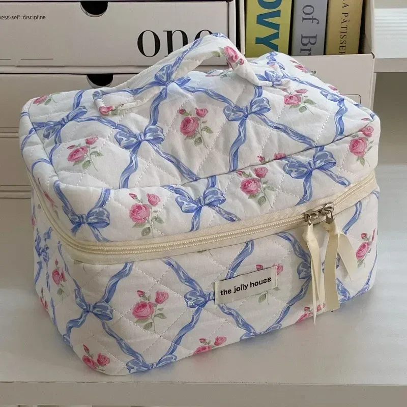 trousse de maquillage courtepointe pour femme, trousse de toilette portable pour filles, sac à main grill pour femme, trousse cosmétique à fermeture éclair, nœud mignon, fleur