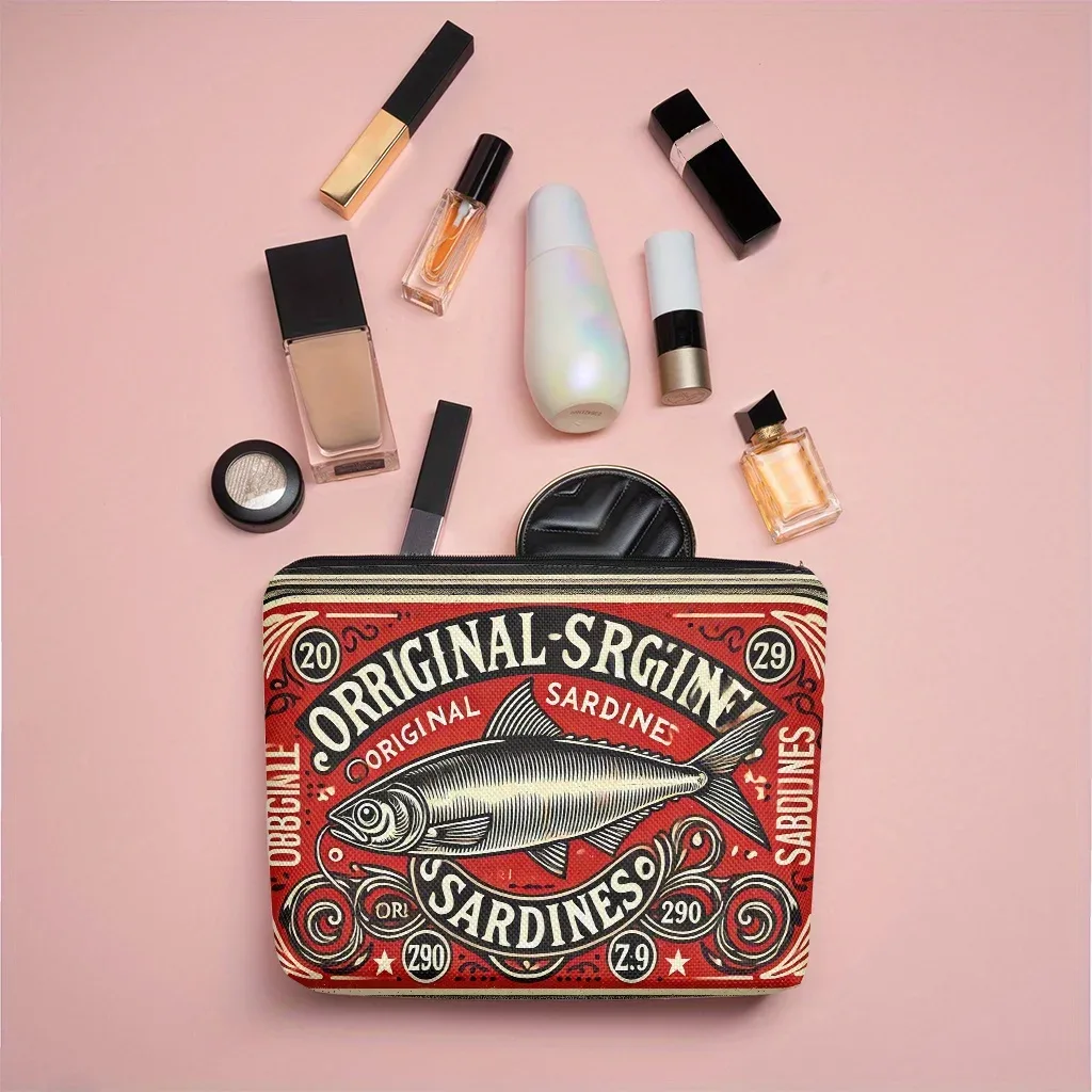 Sac de maquillage en lin exquis, 1 pièce, Sardines Vintage, peut concevoir un sac de maquillage | Organisateur cosmétique organisateur de toilette de voyage, cadeau unique pour les femmes