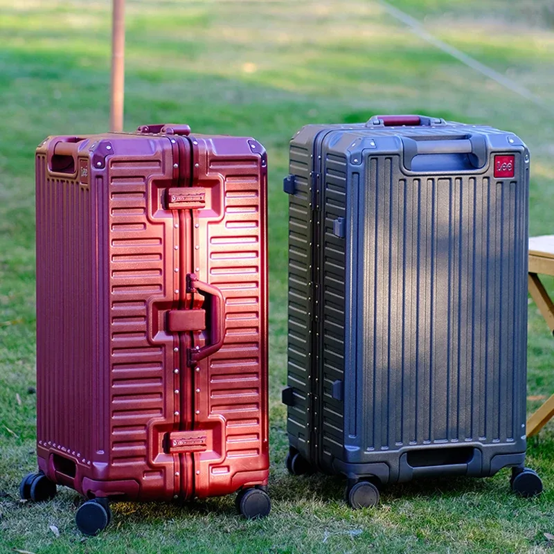 valise de voyage de grande taille, cadre en aluminium, valise à roulettes avec roulettes, bagage à main avec porte-gobelet, boîte à mot de passe