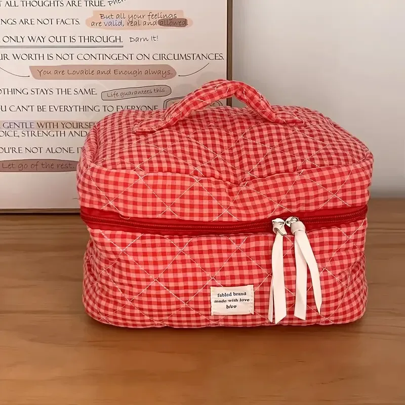 sac à cosmétiques à carreaux de grande capacité pour femmes, sac de rangement pour brosses de soins de la peau en coton pour filles, trousse de toilette de voyage portable, trousse de maquillage