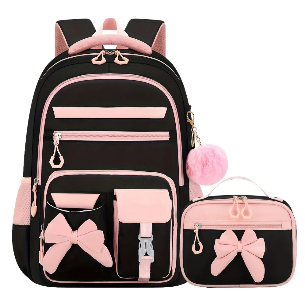 sac dos oxford cloth noir rubans velours boule pompon sac lunch trousse crayons école enfant voyage pratique multipoches grande capacité
