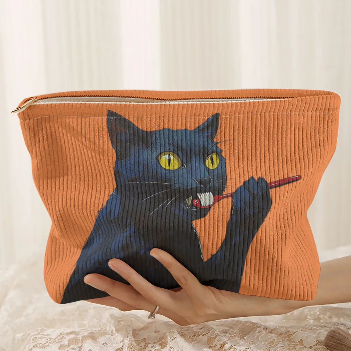 1 pièce, trousse de maquillage en velours côtelé à motif de chat noir, boîte de rangement légère à fermeture éclair, sac multifonctionnel avec doublure