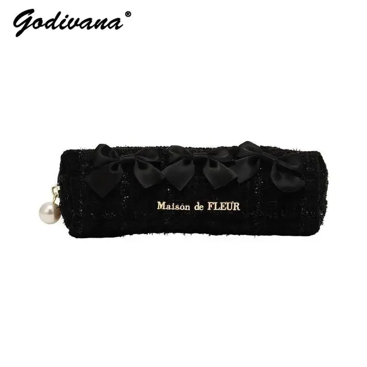 étui à crayons en tweed avec nœud papillon mignon de style japonais, mini organisateur, sac de maquillage pour filles et femmes