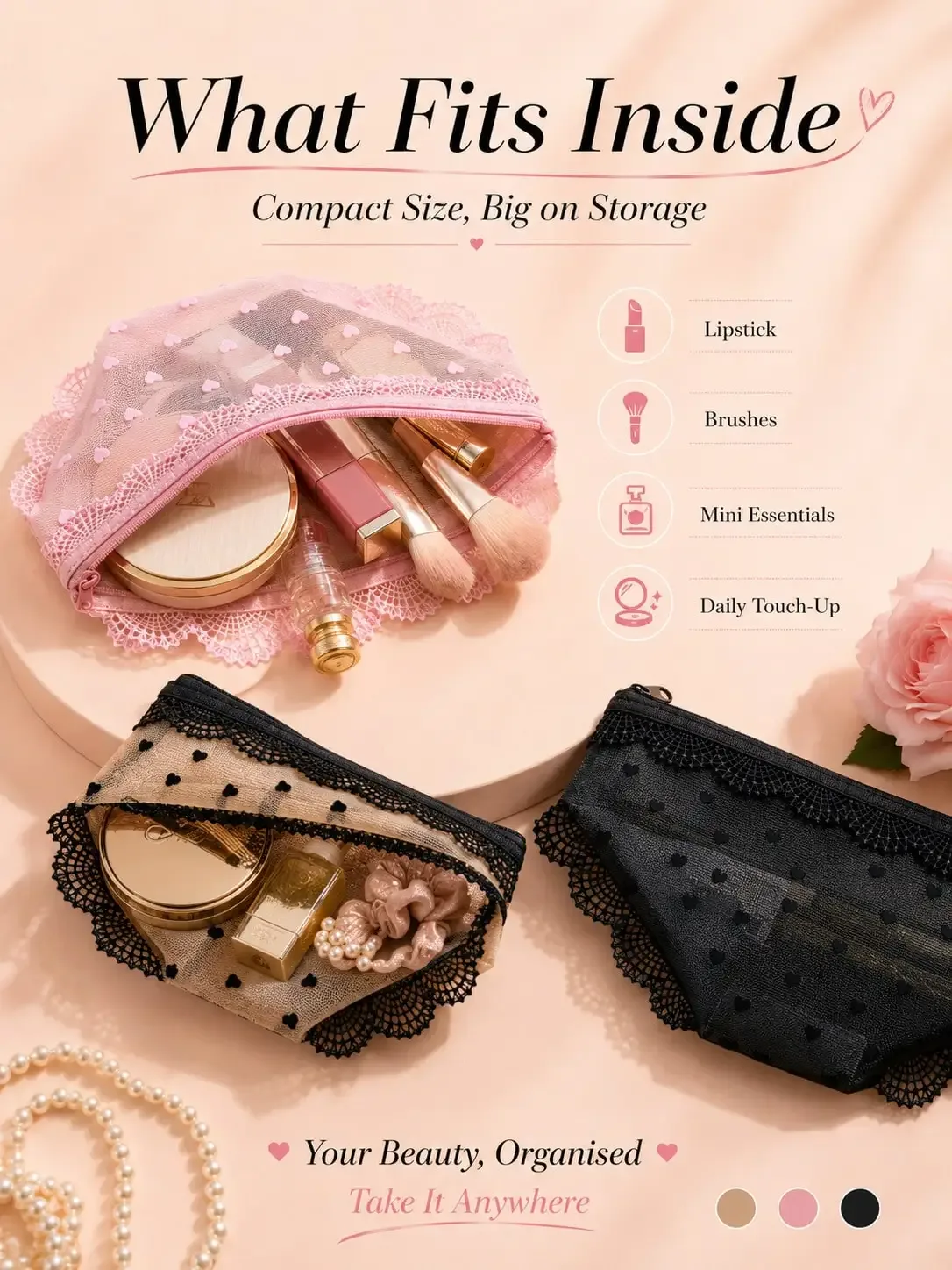 pochette de maquillage transparente et sexy en dentelle, pochette de maquillage portable pour voyage, adaptée pour l'eyeliner, les pinceaux de maquillage, le rouge à lèvres, les produits de soin de la peau, les écouteu